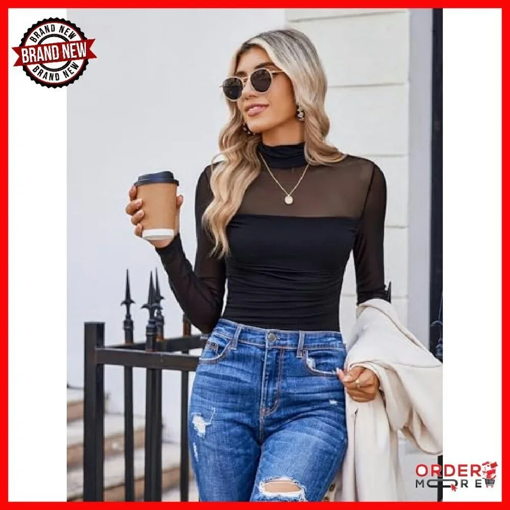 Long Sleeve Mesh Bodysuit Shapewear Turtle Neck Thong Back Snap Closure
